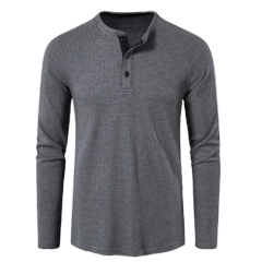 Men's Breathable Waffle Knit Grey Shirt Customize Long Sleeve Button Henley T-Shirt Thick Tops
